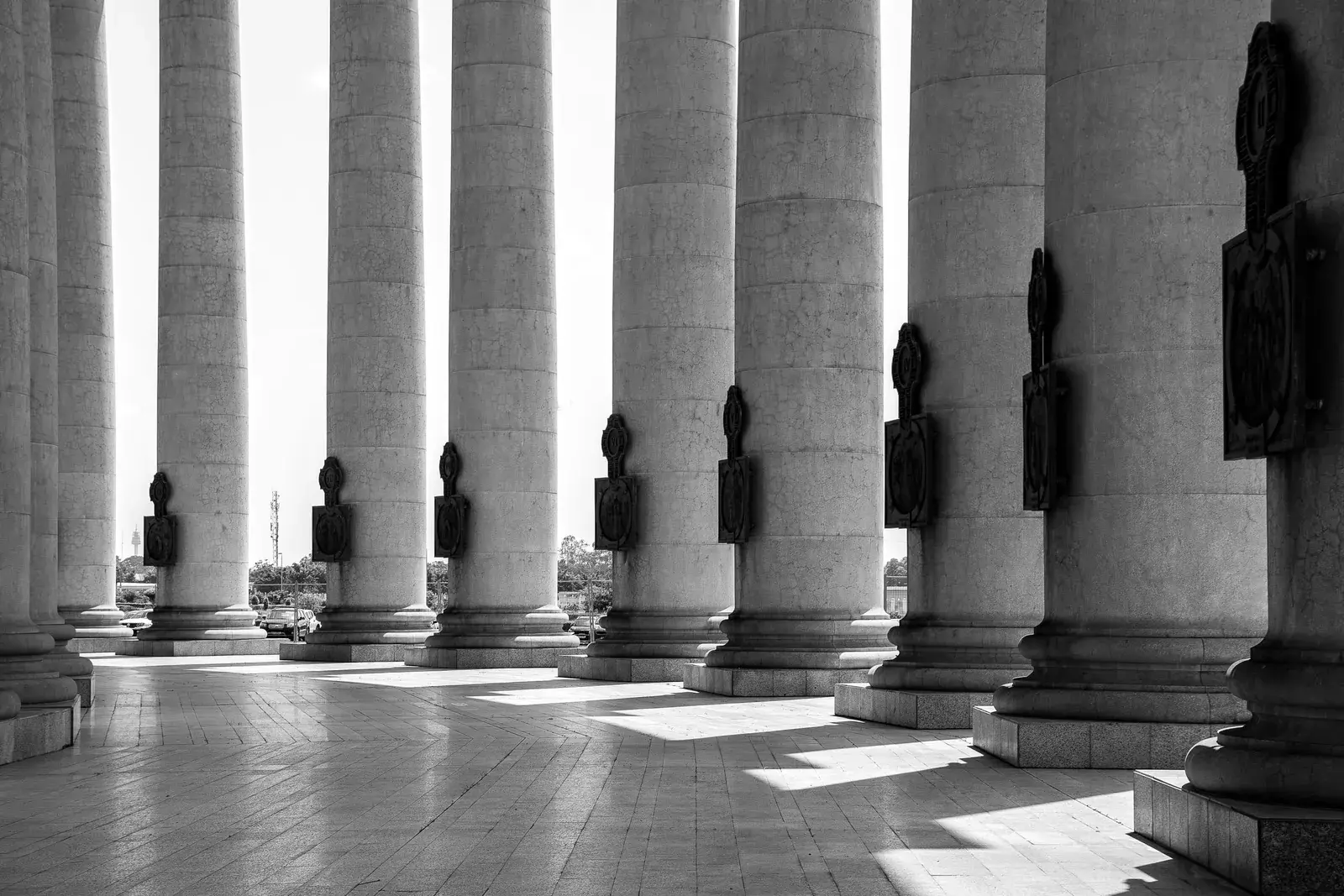 A row of tall stone columns in black and white, throwing long shadows.