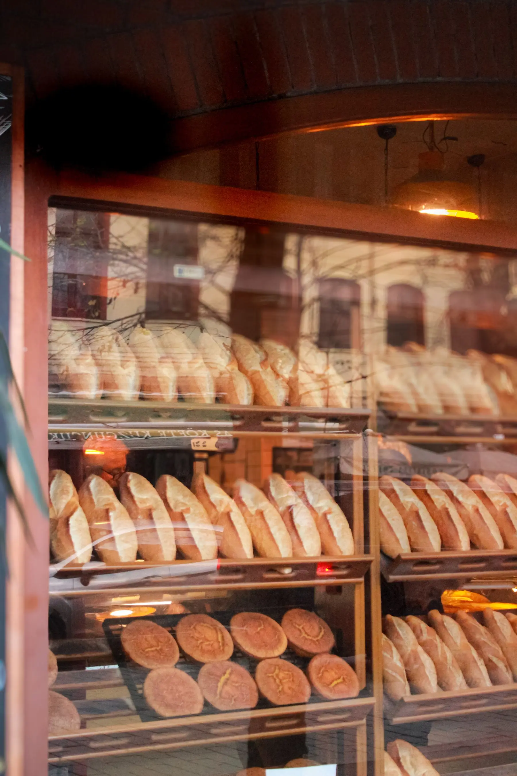 Rows of crusty loaves on wooden shelves seen through a bakery window.