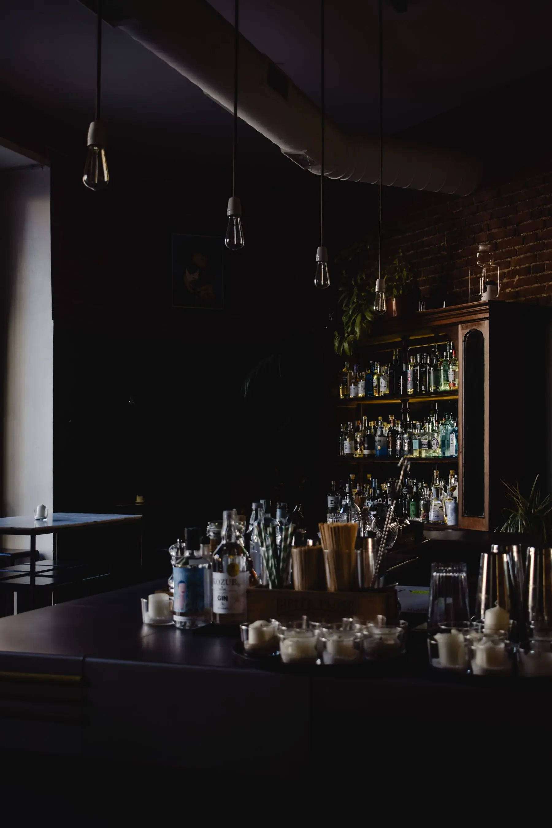 A dim bar with a counter of glassware and a shaker, bottles in the dark behind.