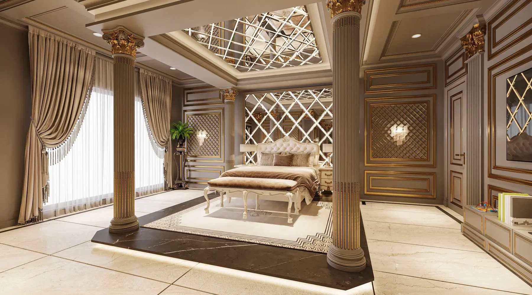 A classical bedroom with gold-capped columns, a mirrored ceiling panel and cream furnishings.