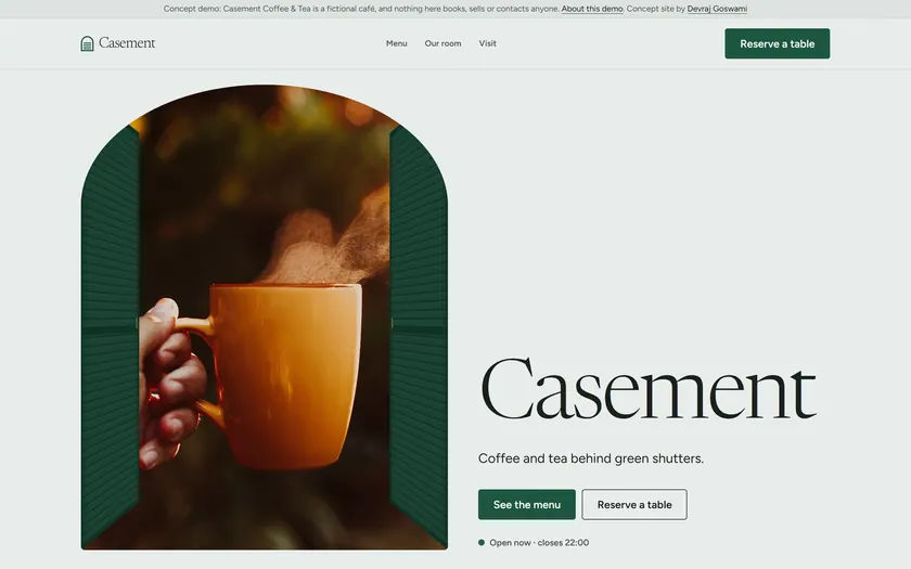 Casement's home page: Coffee and tea behind green shutters.