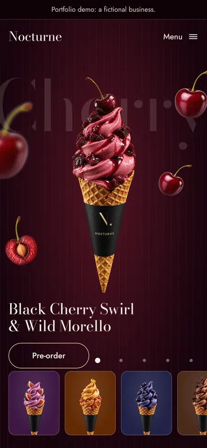 Nocturne Gelato's home page on a phone.