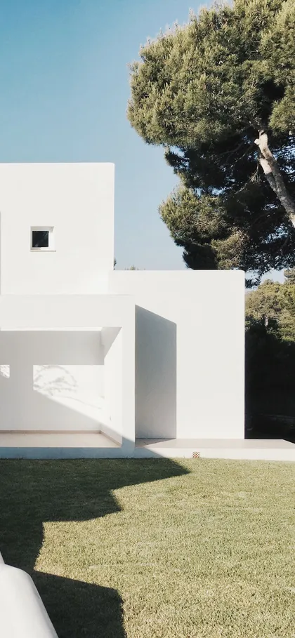A white two-storey house with a flat roof and a pine tree.